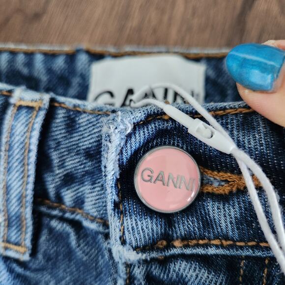 Ganni Betzy Mid Blue Stone High‎ Rise Slim Flare Crop Jean 26/32 NWT $195 - Picture 3 of 9